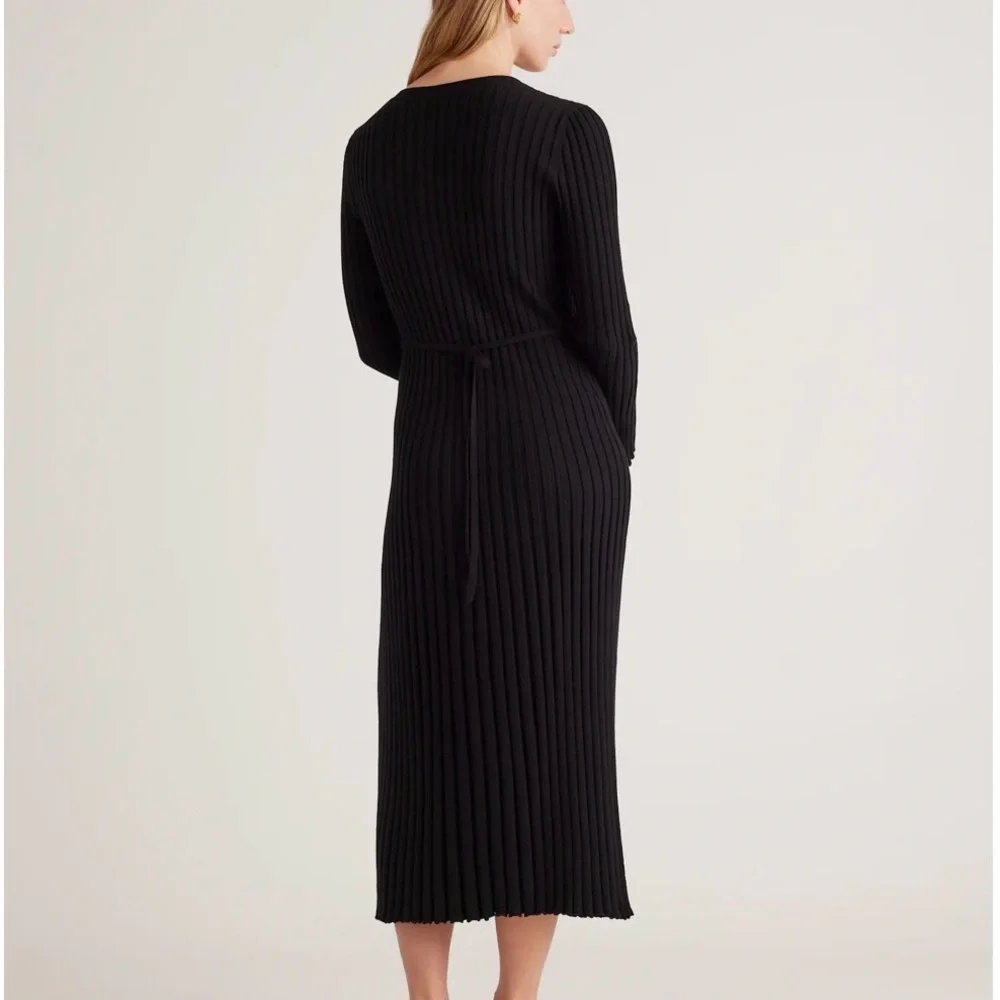 Quince Cotton Cashmere Black Ribbed Long Sleeve MIDI Dress - Picture 2 of 6